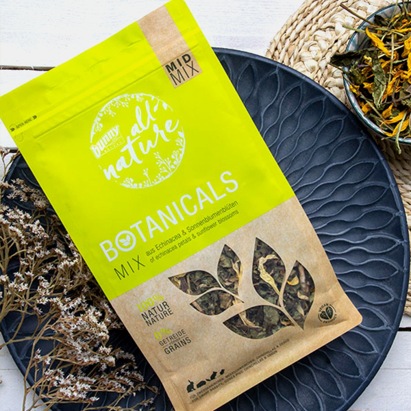 Botanicals Mid Mix - med solhatblade og solsikkeblomst fra Bunny Nature - naturlig snack til kaniner og gnavere